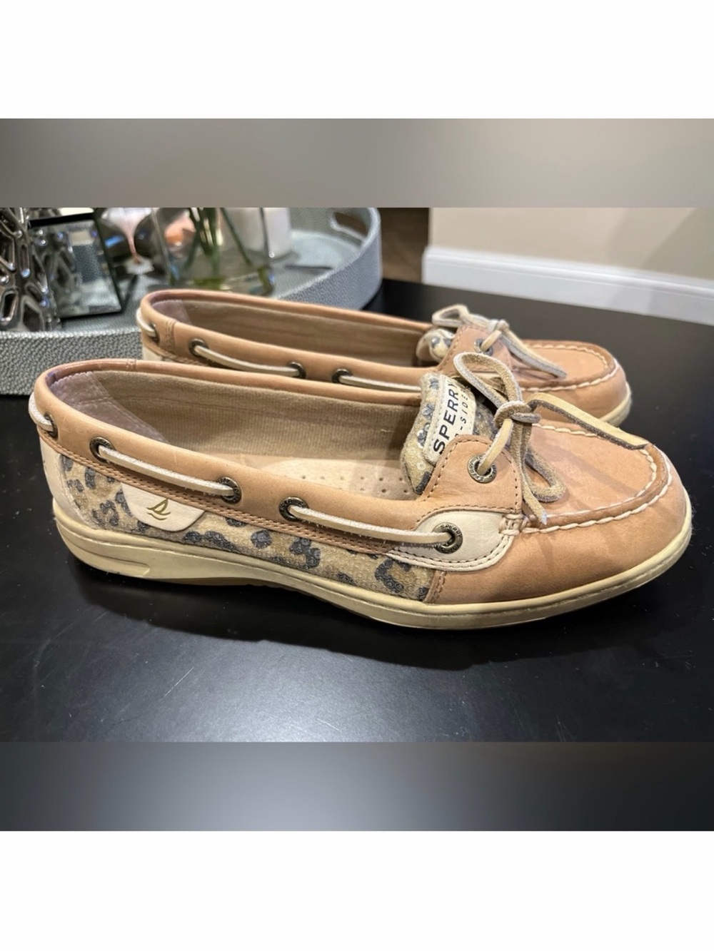 Sperry womens Canvas Boat Shoes - White with Tan Laces (Size 7½) and leopard - Picture 2 of 6